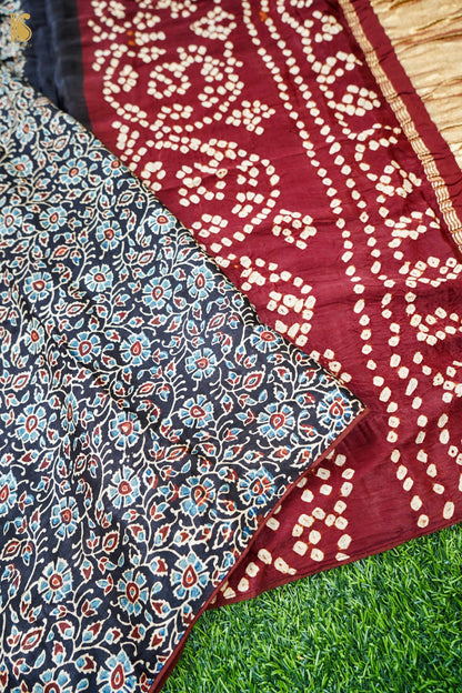 Hand Block Ajrakh Bandhani Modal Silk Dupatta with Zari in Black and Maroon