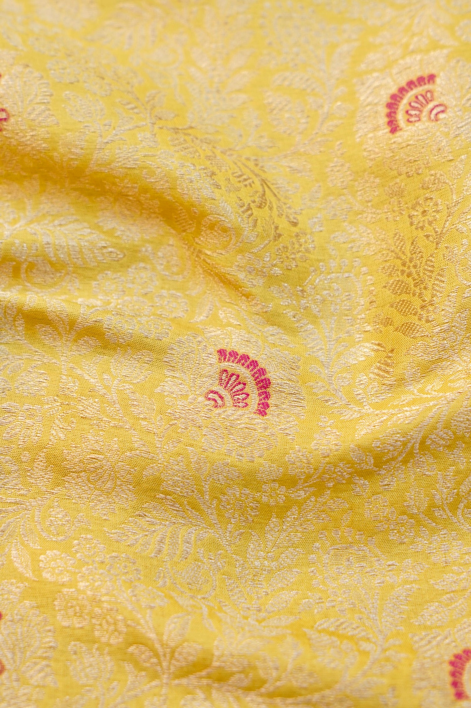 Pure Brocade Banarasi Fan Booti Fabric in Yellow - Khinkhwab