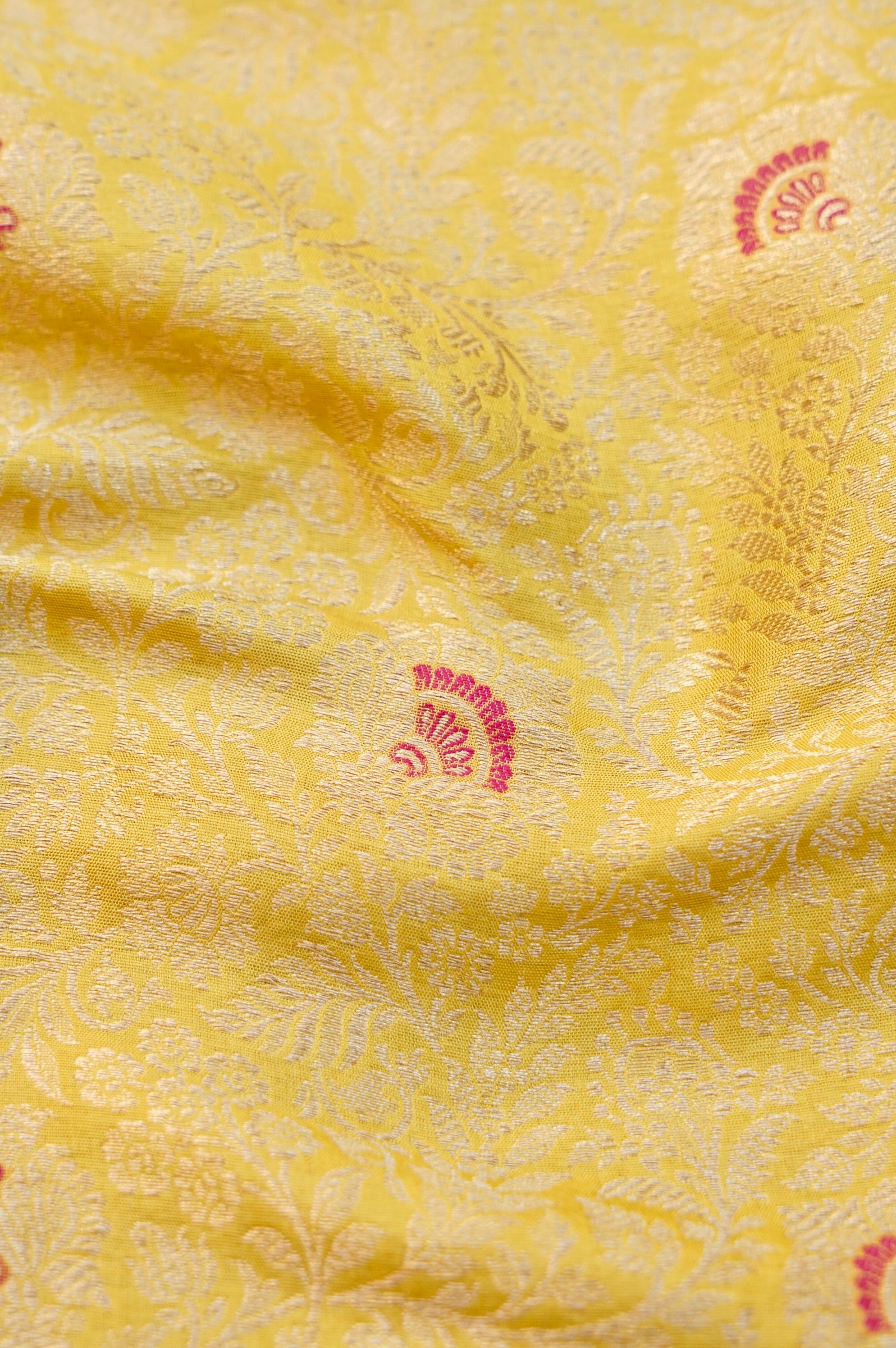 Pure Brocade Banarasi Fan Booti Fabric in Yellow - Khinkhwab