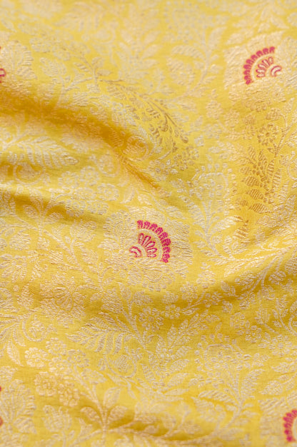 Pure Brocade Banarasi Fan Booti Fabric in Yellow - Khinkhwab