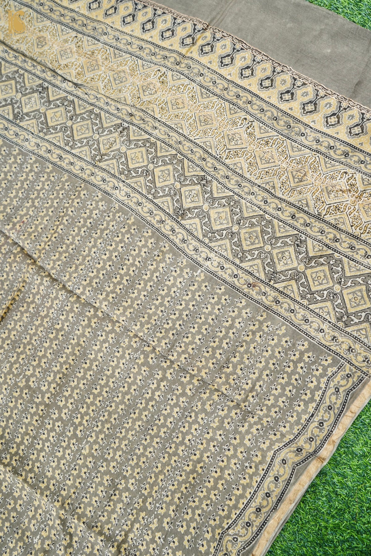 Handwoven Kota Silk Ajrakh Dupatta in Olive Grey and Mustard