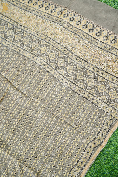 Handwoven Kota Silk Ajrakh Dupatta in Olive Grey and Mustard