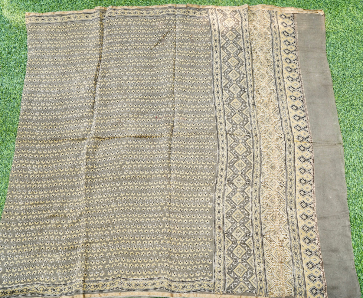Handwoven Kota Silk Ajrakh Dupatta in Olive Grey and Mustard