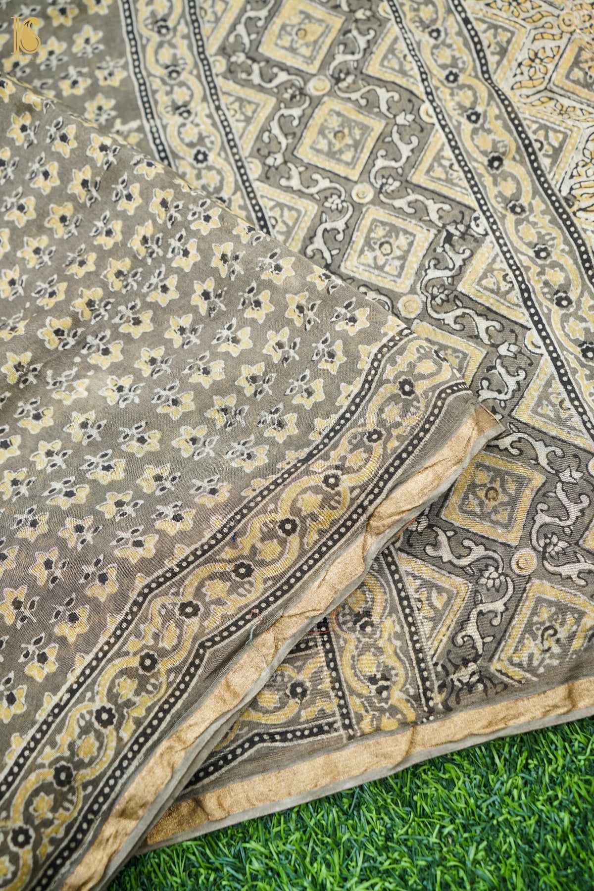 Handwoven Kota Silk Ajrakh Dupatta in Olive Grey and Mustard