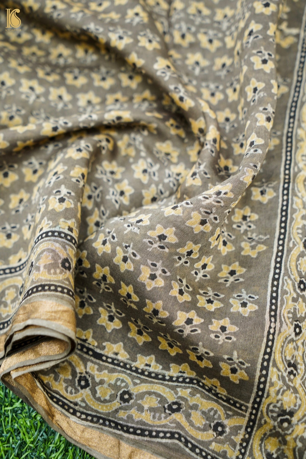 Handwoven Kota Silk Ajrakh Dupatta in Olive Grey and Mustard