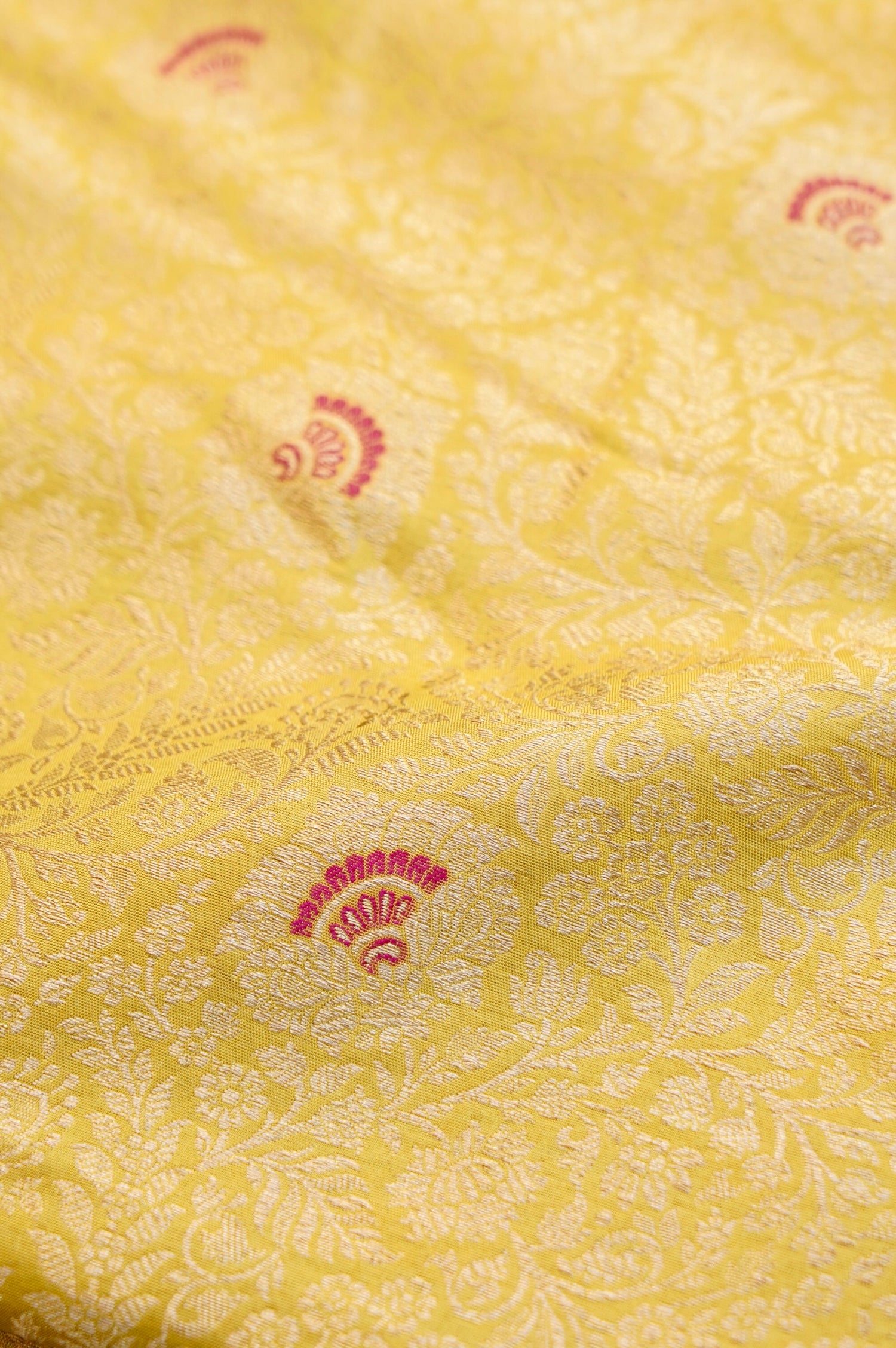 Pure Brocade Banarasi Fan Booti Fabric in Yellow - Khinkhwab