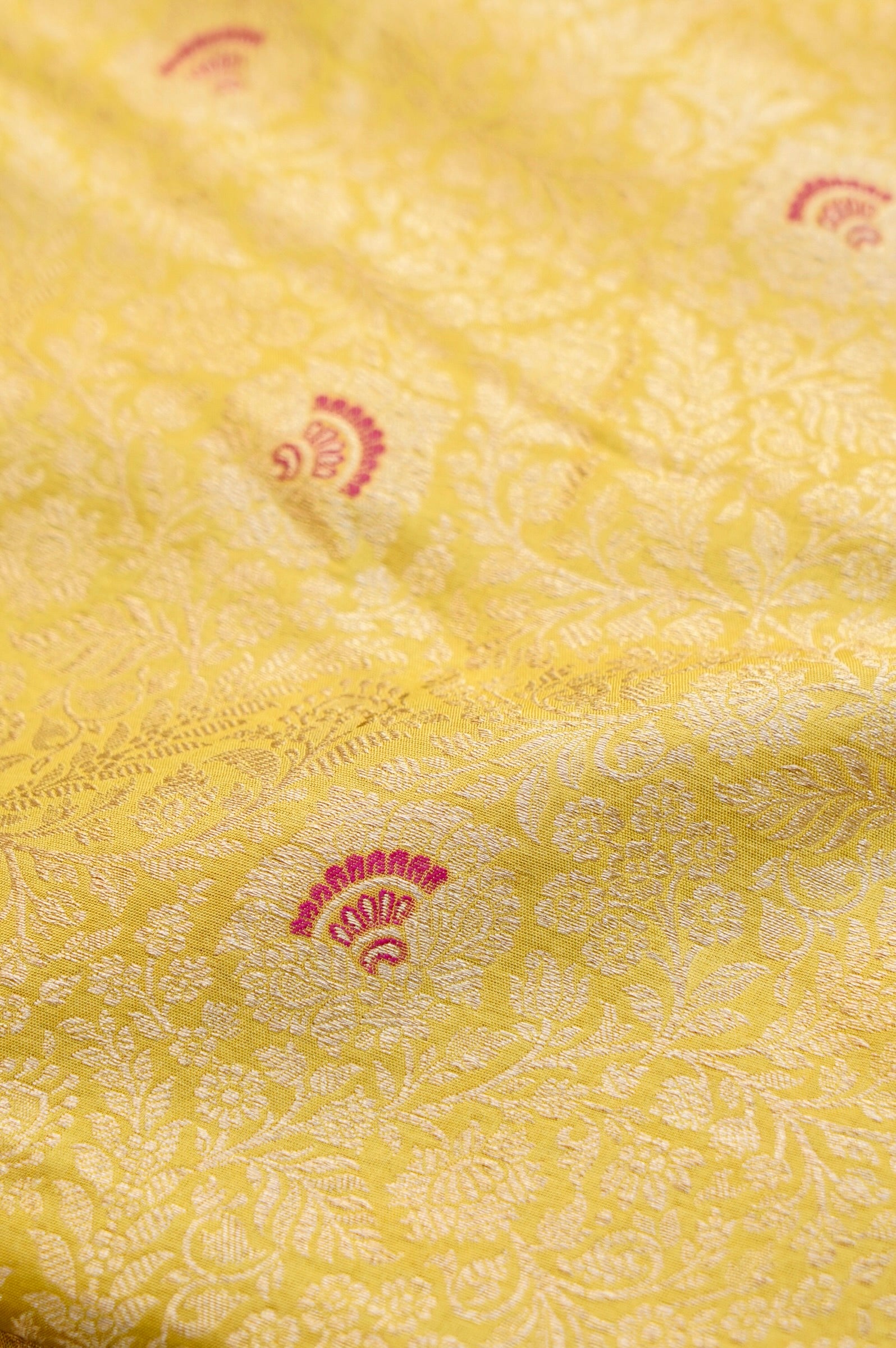 Pure Brocade Banarasi Fan Booti Fabric in Yellow - Khinkhwab