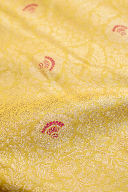 Pure Brocade Banarasi Fan Booti Fabric in Yellow - Khinkhwab
