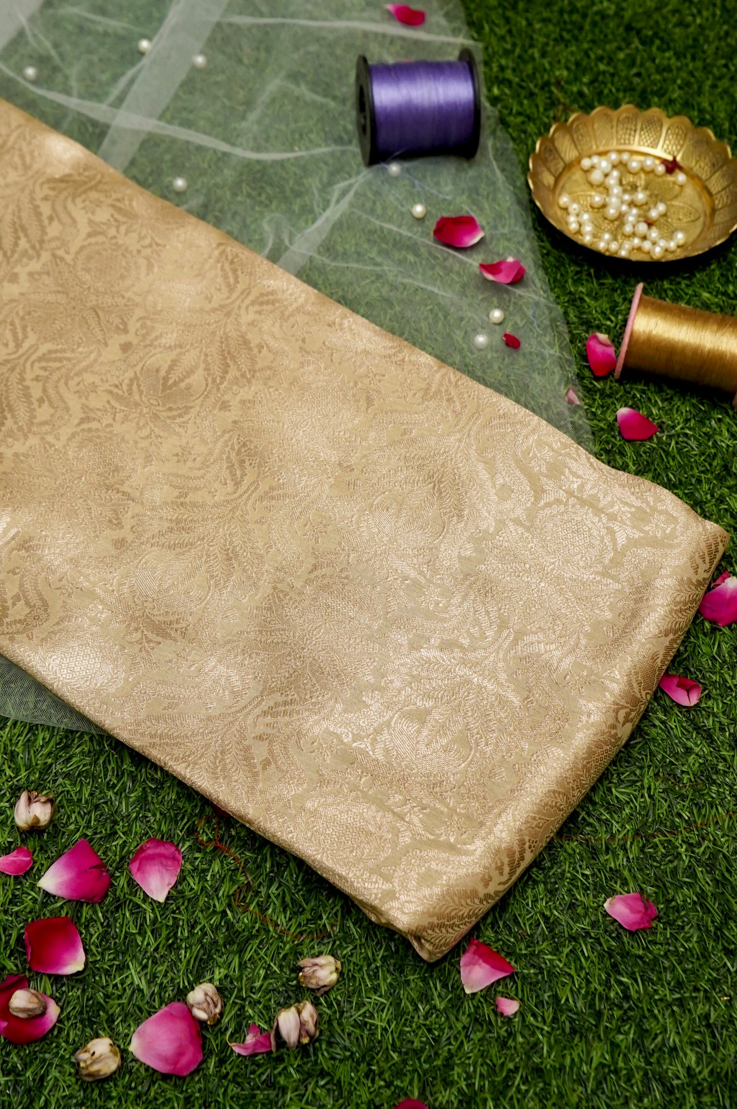 Pure Brocade Banarasi Floral Jaal Fabric in Beige - Khinkhwab
