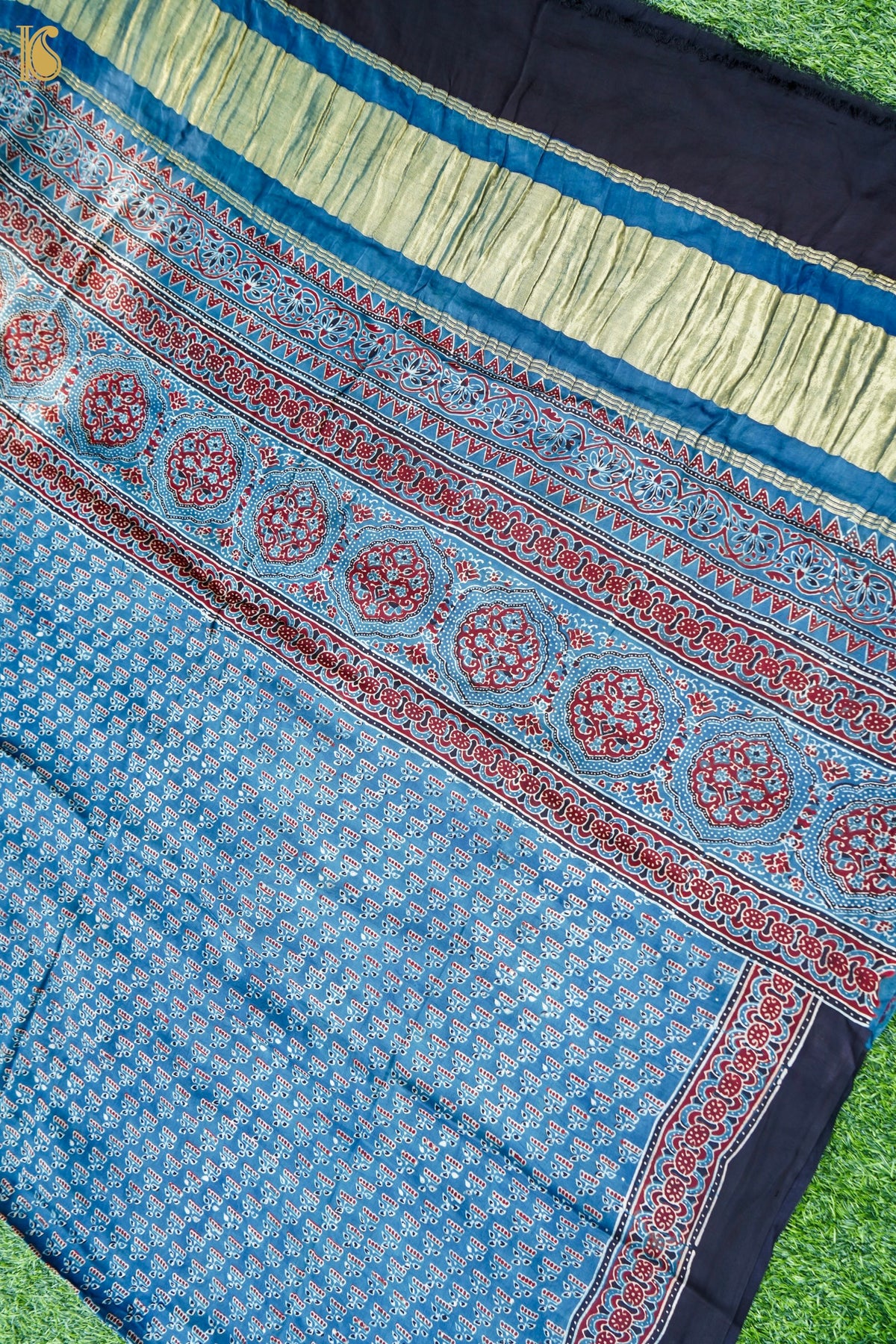 Hand Block Ajrakh Modal Silk Dupatta with Zari in Indigo Blue and Maroon