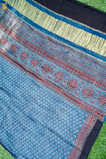 Hand Block Ajrakh Modal Silk Dupatta with Zari in Indigo Blue and Maroon
