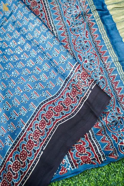 Hand Block Ajrakh Modal Silk Dupatta with Zari in Indigo Blue and Maroon