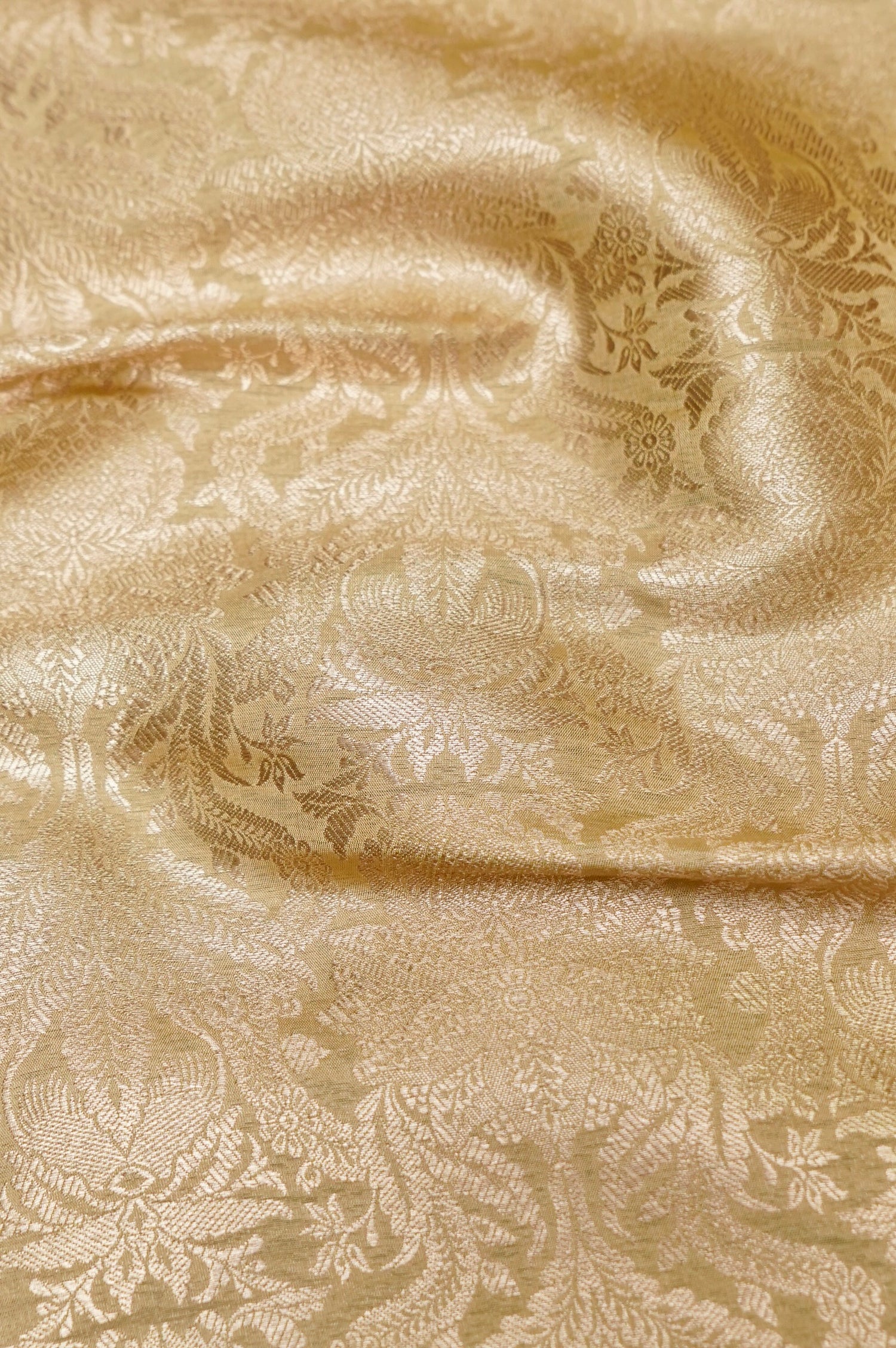 Pure Brocade Banarasi Floral Jaal Fabric in Beige - Khinkhwab