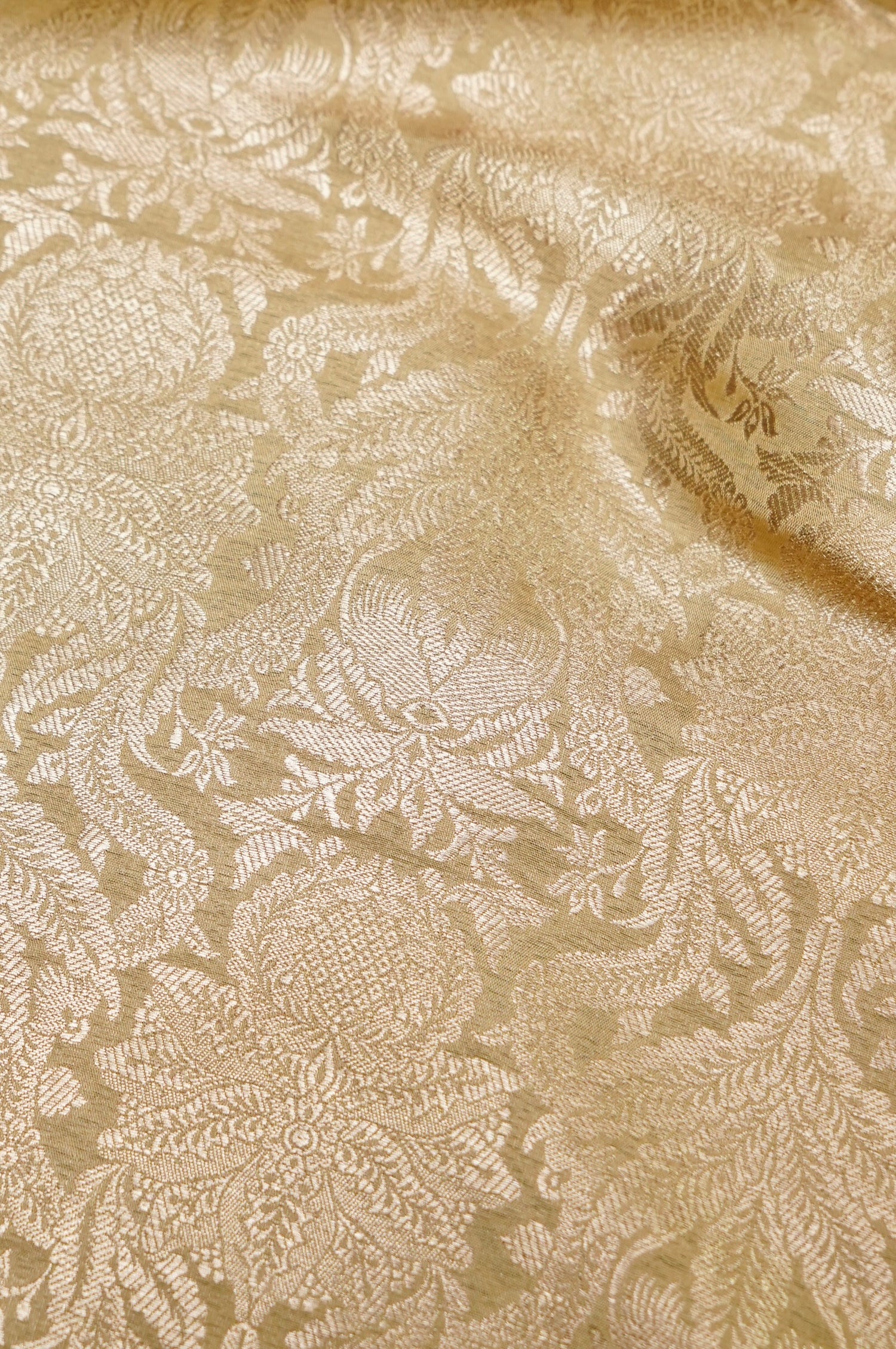 Pure Brocade Banarasi Floral Jaal Fabric in Beige - Khinkhwab