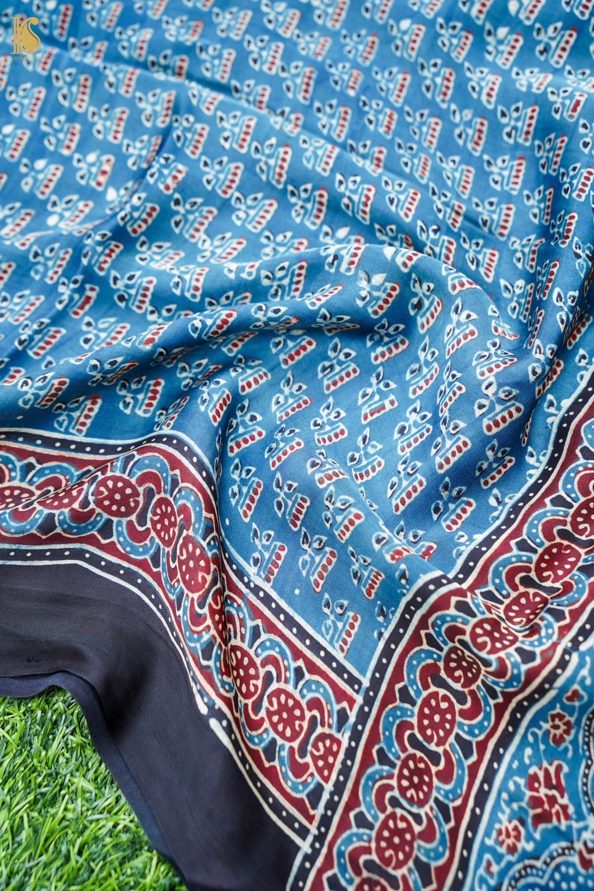 Hand Block Ajrakh Modal Silk Dupatta with Zari in Indigo Blue and Maroon