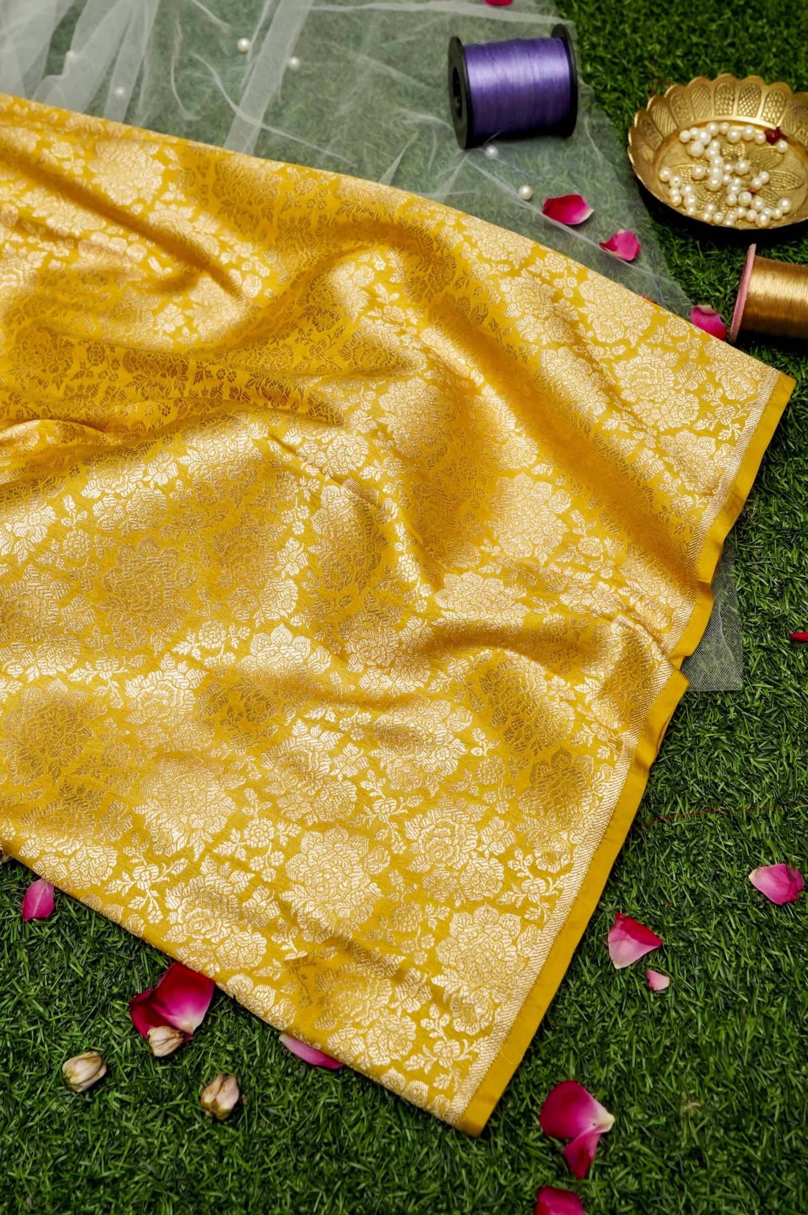 Pure Brocade Banarasi Rose Jaal Fabric in Yellow - Khinkhwab