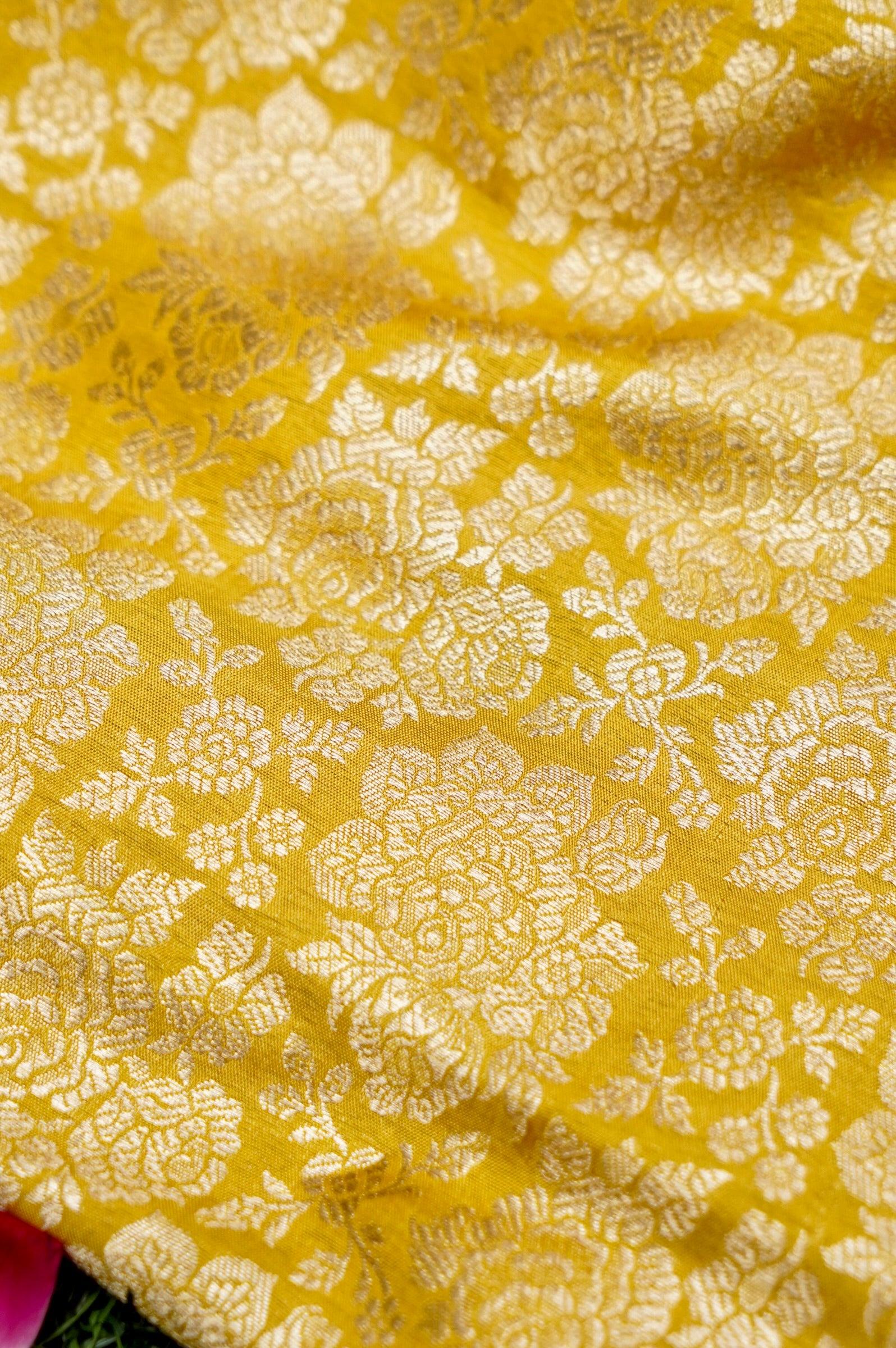 Pure Brocade Banarasi Rose Jaal Fabric in Yellow - Khinkhwab