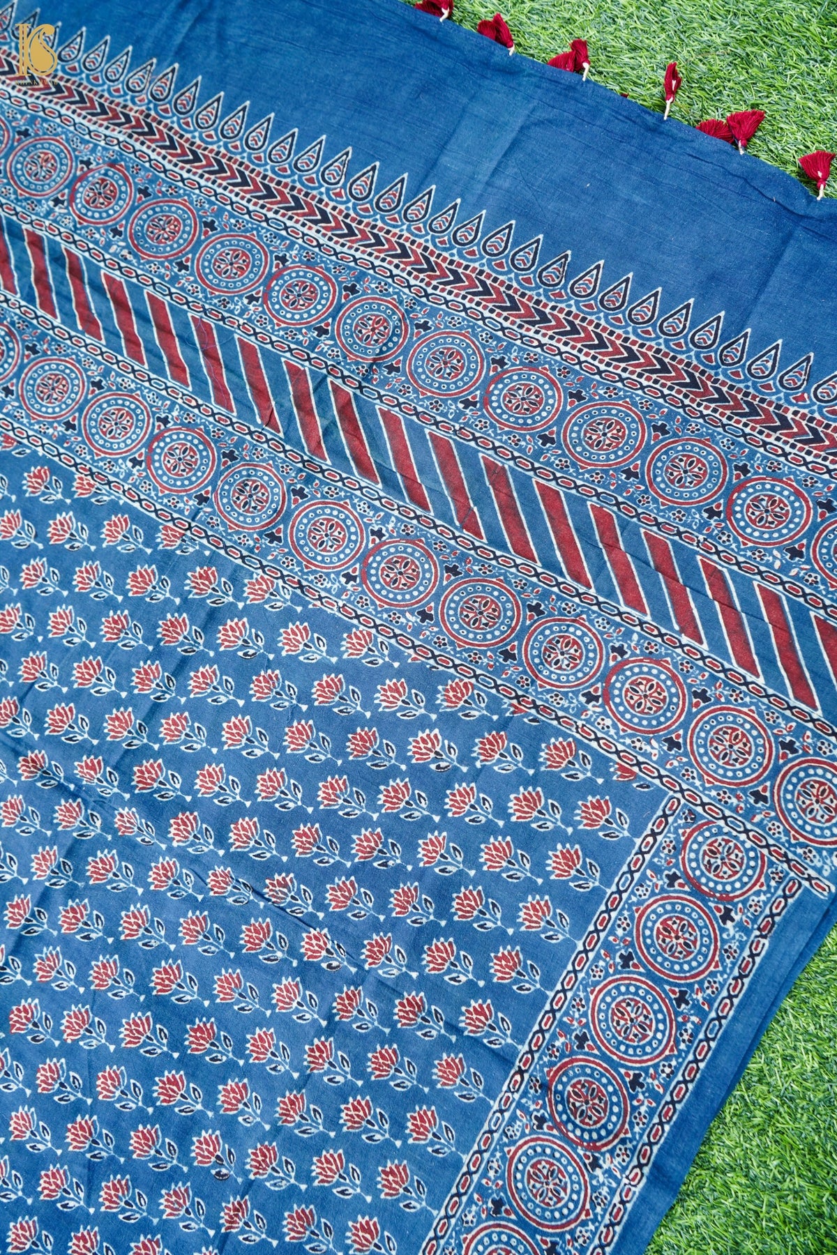 Hand Block Ajrakh Pure Cotton Stole with Zari in Indigo Blue and Maroon