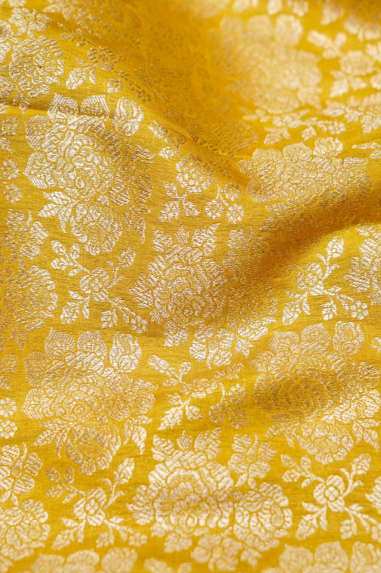 Pure Brocade Banarasi Rose Jaal Fabric in Yellow - Khinkhwab