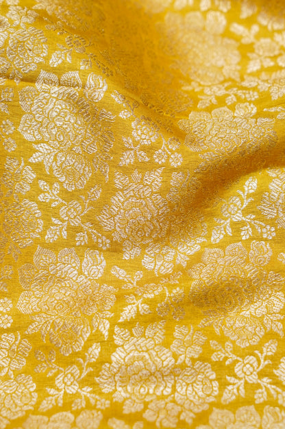 Pure Brocade Banarasi Rose Jaal Fabric in Yellow - Khinkhwab