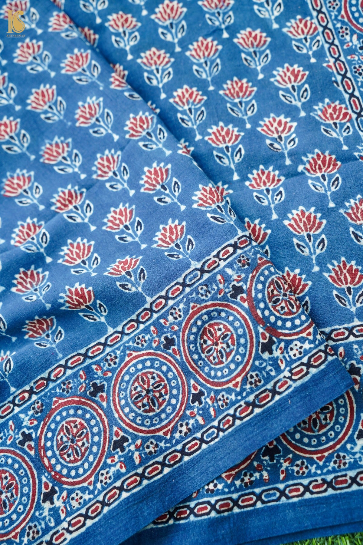 Hand Block Ajrakh Pure Cotton Stole with Zari in Indigo Blue and Maroon