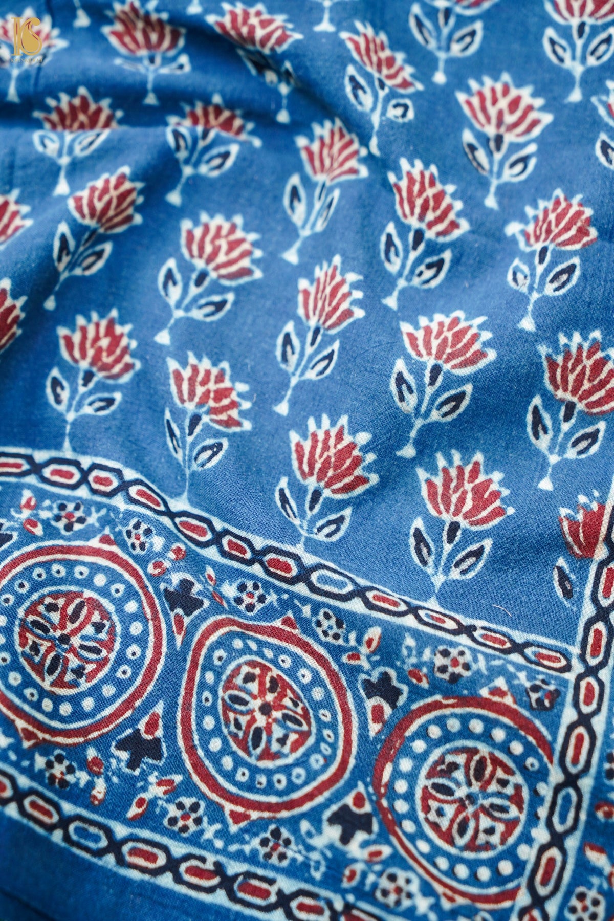 Hand Block Ajrakh Pure Cotton Stole with Zari in Indigo Blue and Maroon