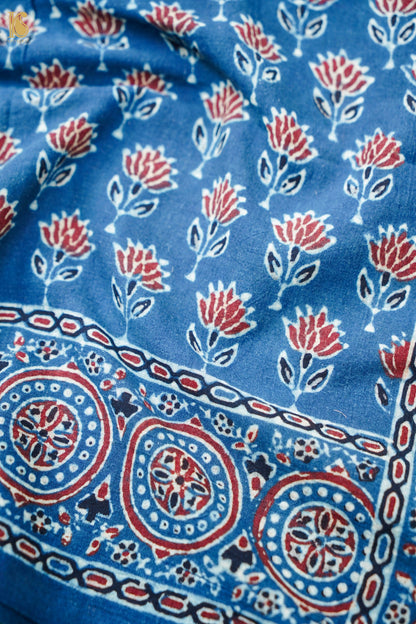 Hand Block Ajrakh Pure Cotton Stole with Zari in Indigo Blue and Maroon