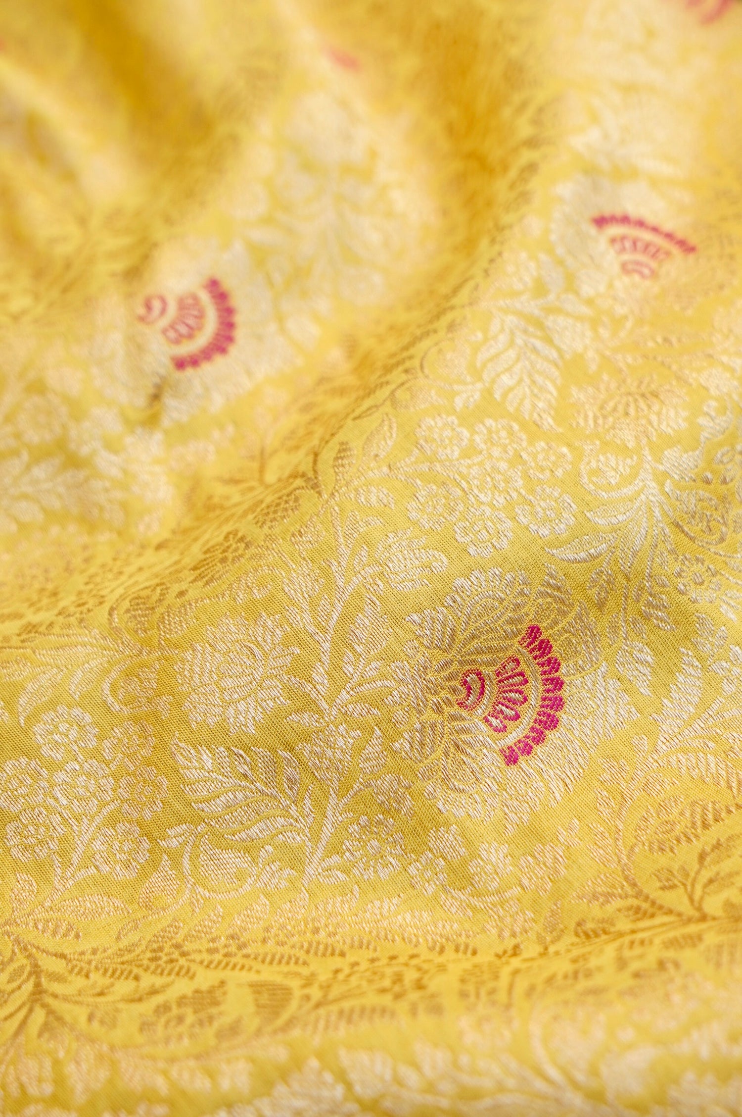 Pure Brocade Banarasi Fan Booti Fabric in Yellow - Khinkhwab