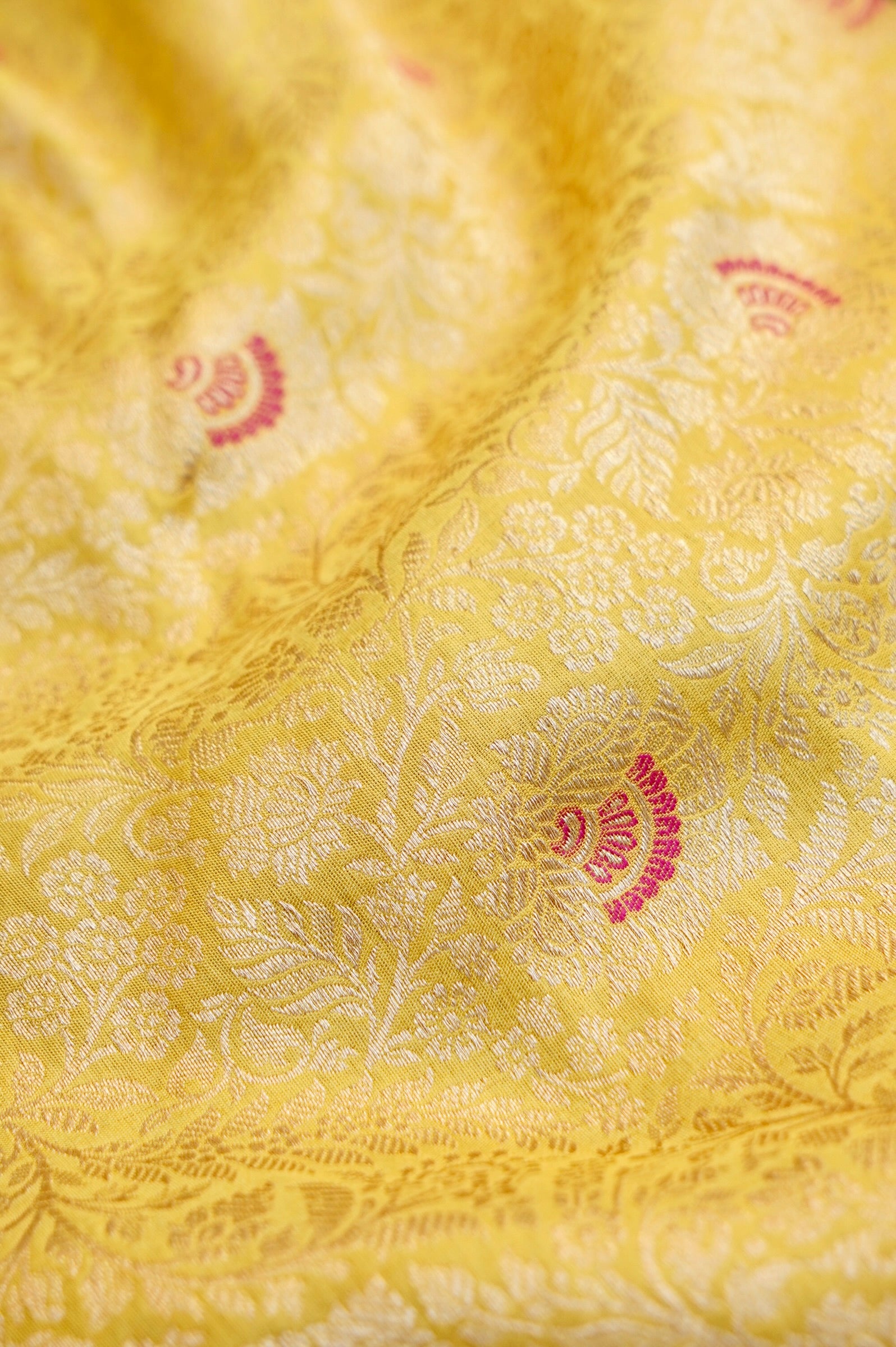 Pure Brocade Banarasi Fan Booti Fabric in Yellow - Khinkhwab