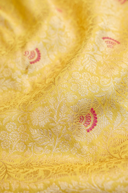 Pure Brocade Banarasi Fan Booti Fabric in Yellow - Khinkhwab