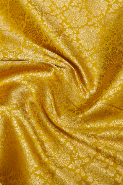 Pure Brocade Banarasi Rose Jaal Fabric in Yellow - Khinkhwab