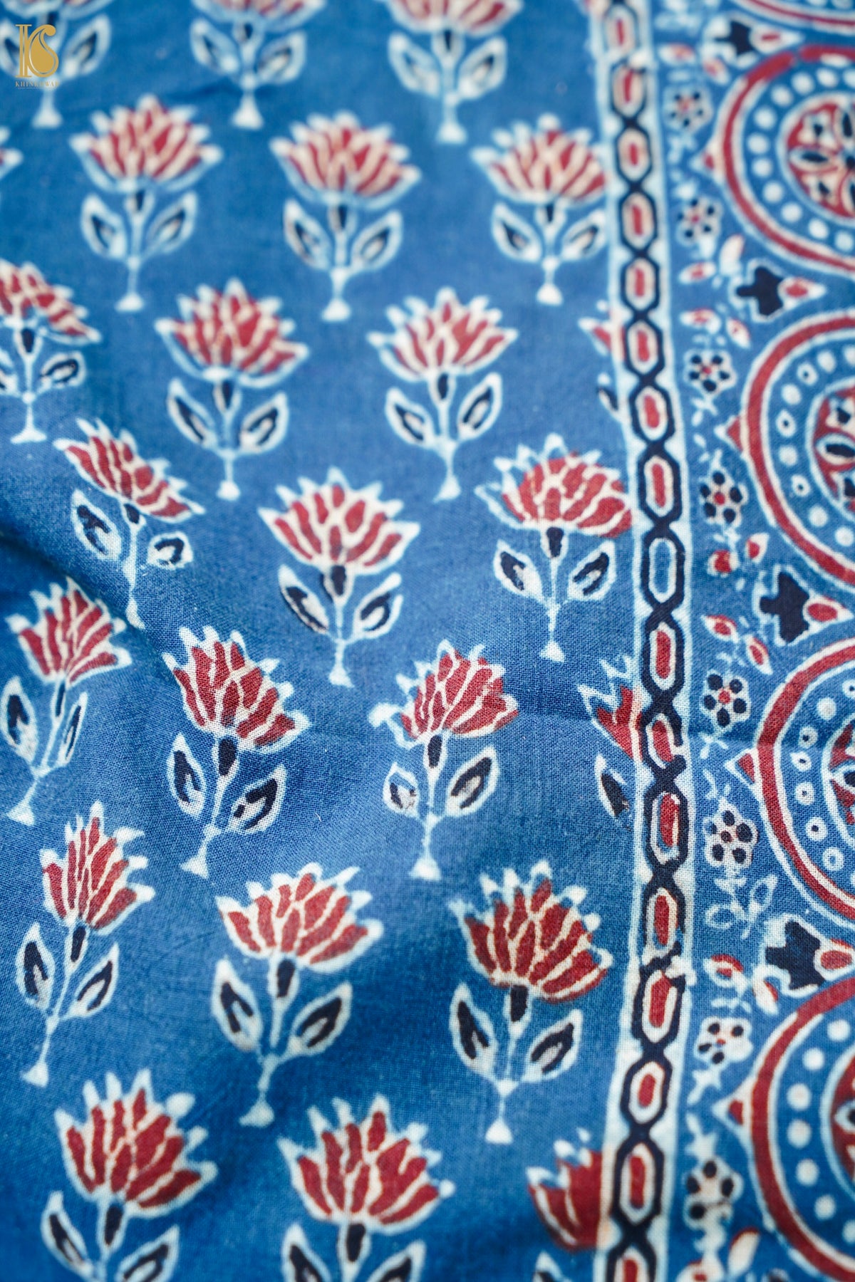Hand Block Ajrakh Pure Cotton Stole with Zari in Indigo Blue and Maroon