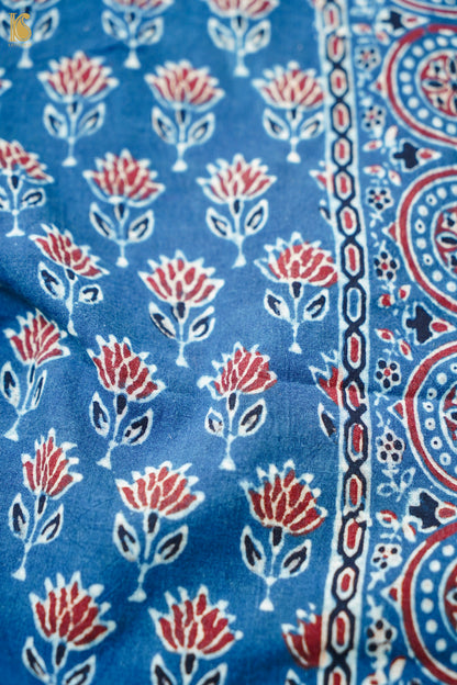 Hand Block Ajrakh Pure Cotton Stole with Zari in Indigo Blue and Maroon