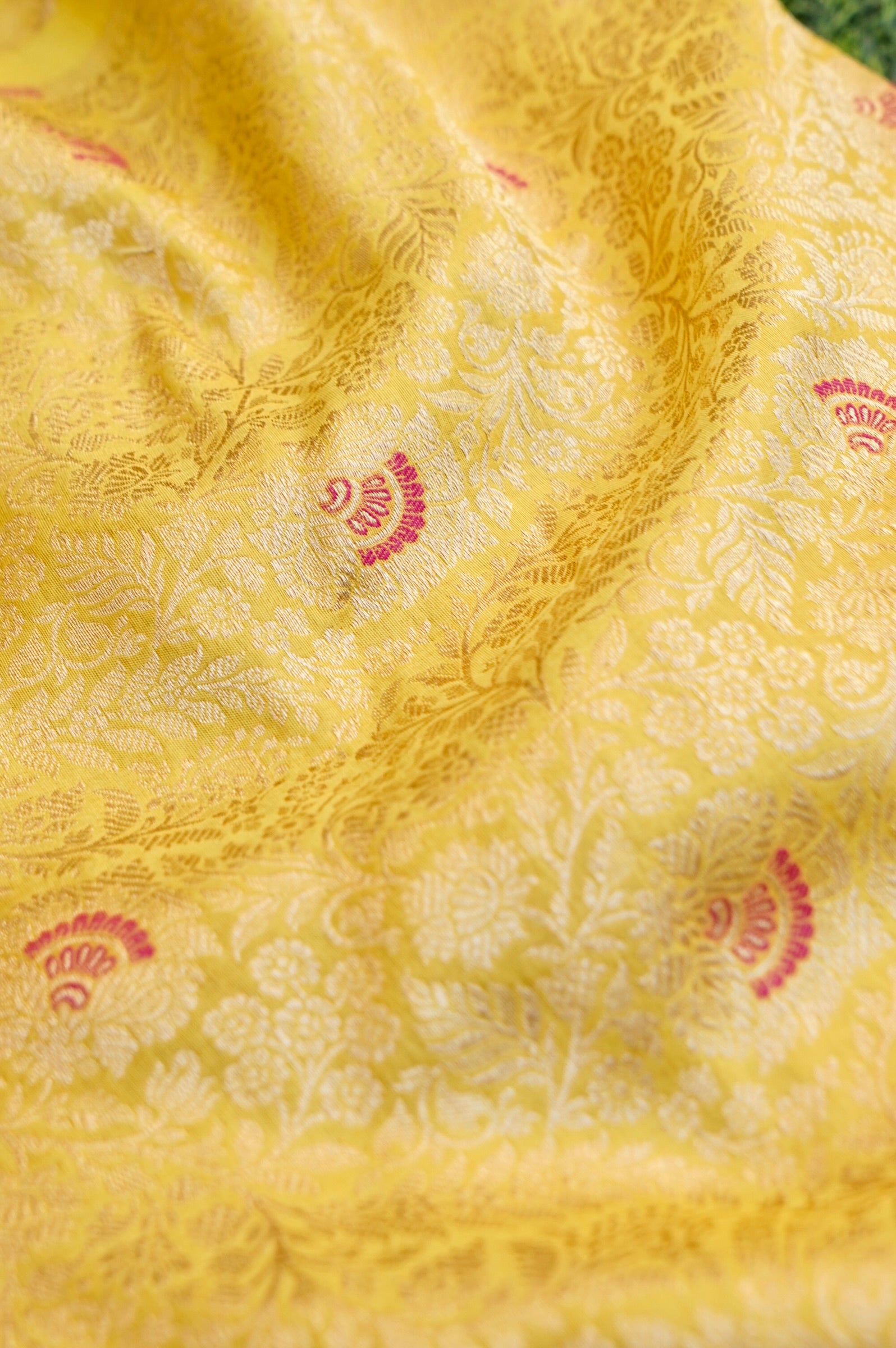 Pure Brocade Banarasi Fan Booti Fabric in Yellow - Khinkhwab