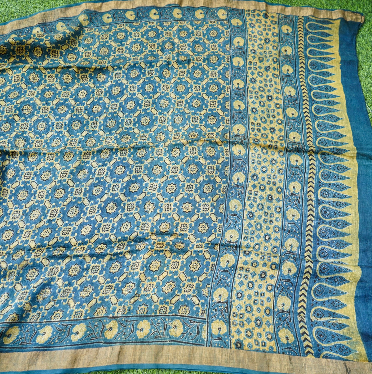 Hand Block Printed Kota Silk Ajrakh Dupatta in Indigo Blue