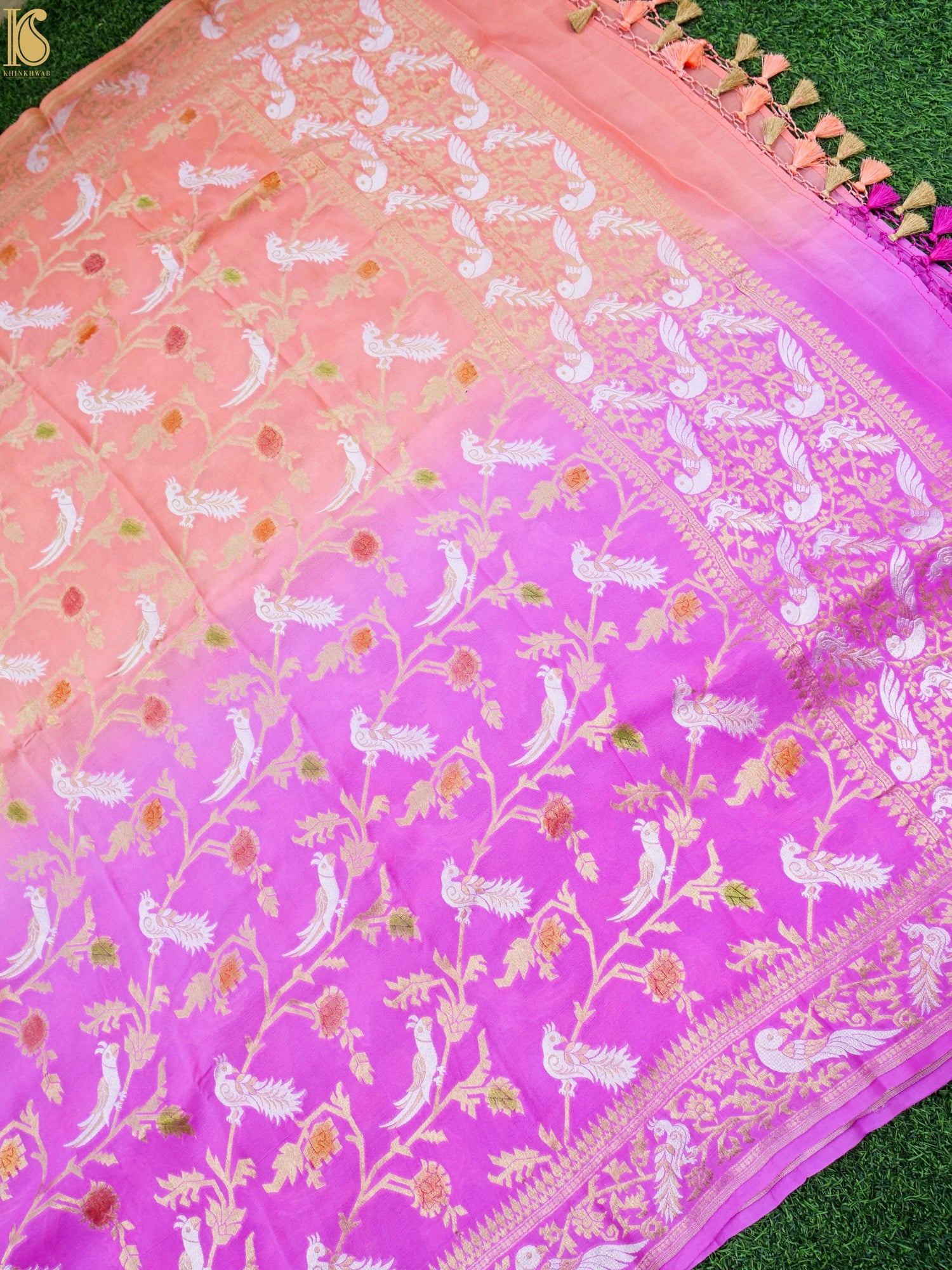 Banarasi Georgette Meenakari Dupatta in Pink and Orange - Birds of Paradise
