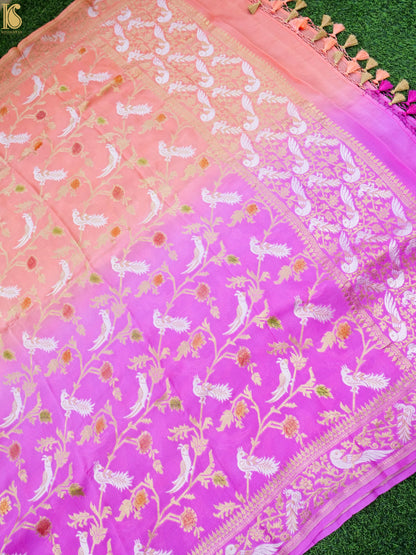 Banarasi Georgette Meenakari Dupatta in Pink and Orange - Birds of Paradise