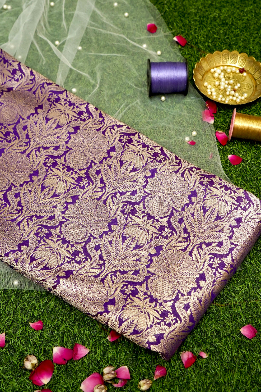 Pure Brocade Banarasi Anaar Jaal Fabric in Purple - Khinkhwab