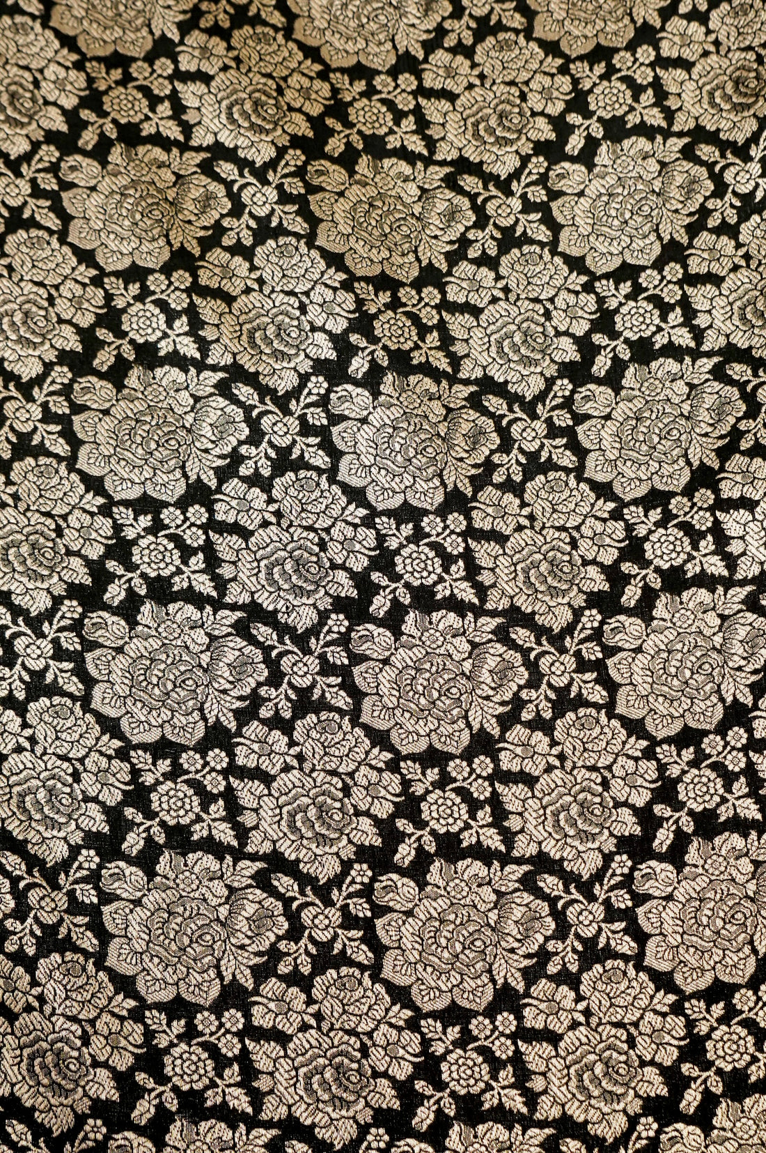 Pure Brocade Banarasi Rose Jaal Fabric in Black - Khinkhwab
