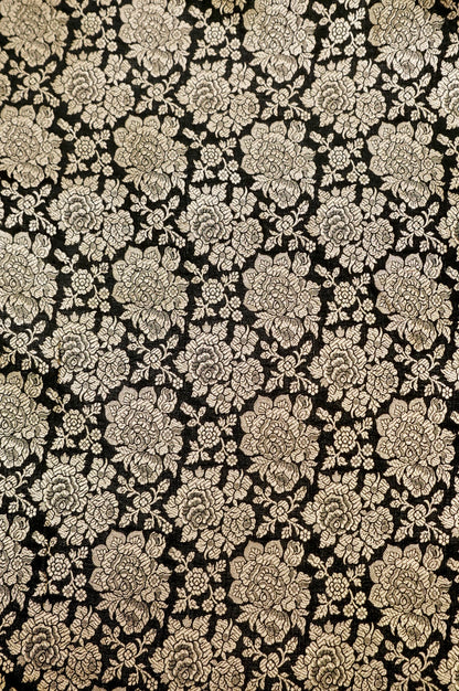 Pure Brocade Banarasi Rose Jaal Fabric in Black - Khinkhwab