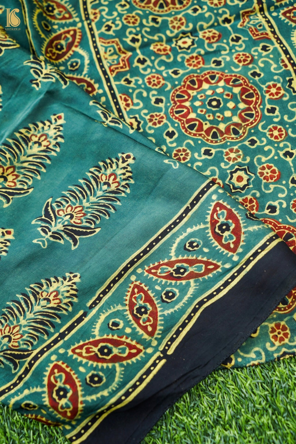 Hand Block Ajrakh Modal Silk Stole in Teal Green