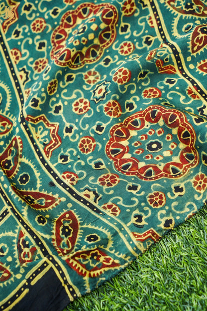 Hand Block Ajrakh Modal Silk Stole in Teal Green