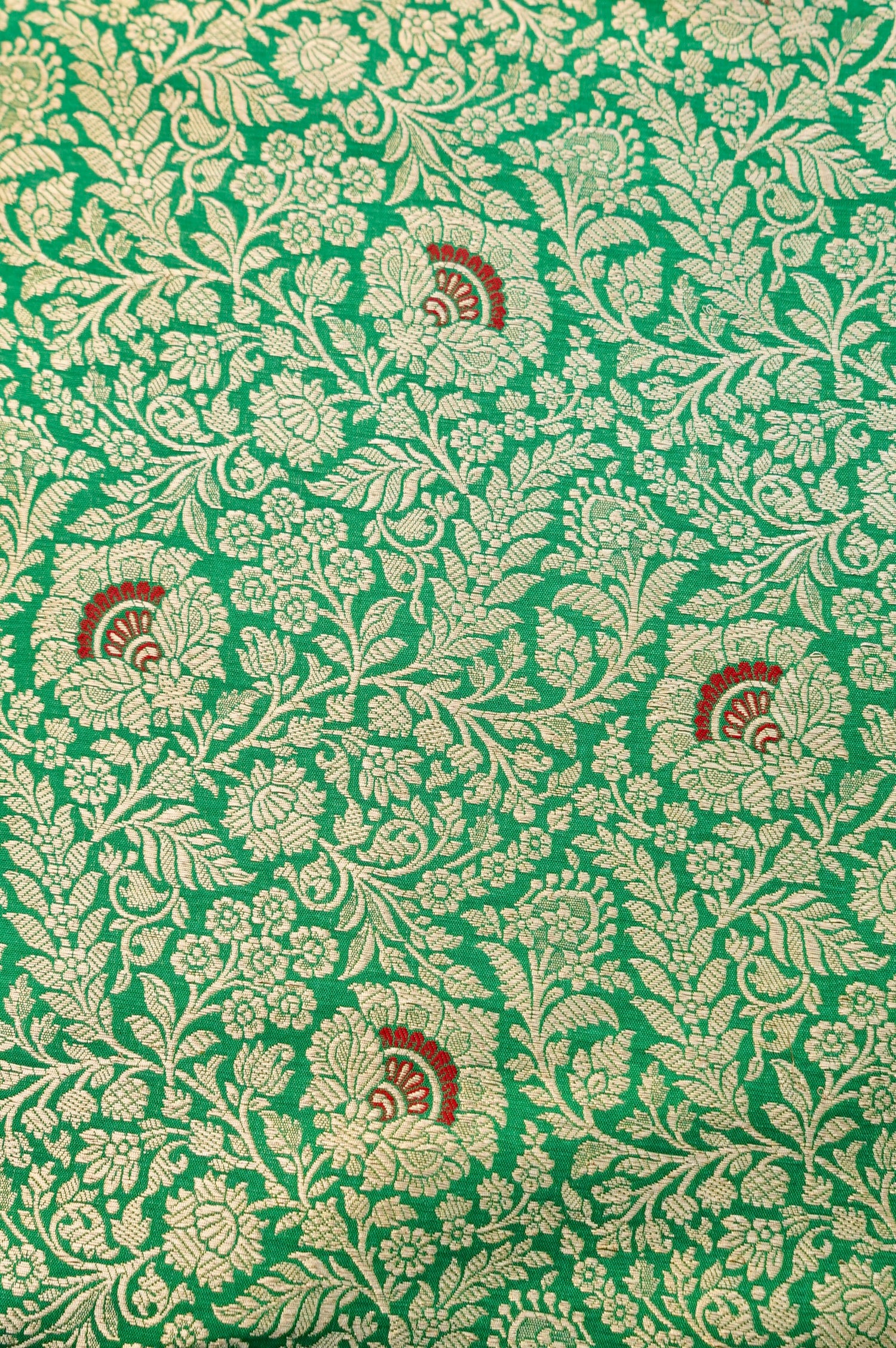 Pure Brocade Banarasi Fan Booti Fabric in Green - Khinkhwab