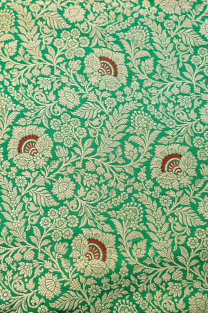 Pure Brocade Banarasi Fan Booti Fabric in Green - Khinkhwab