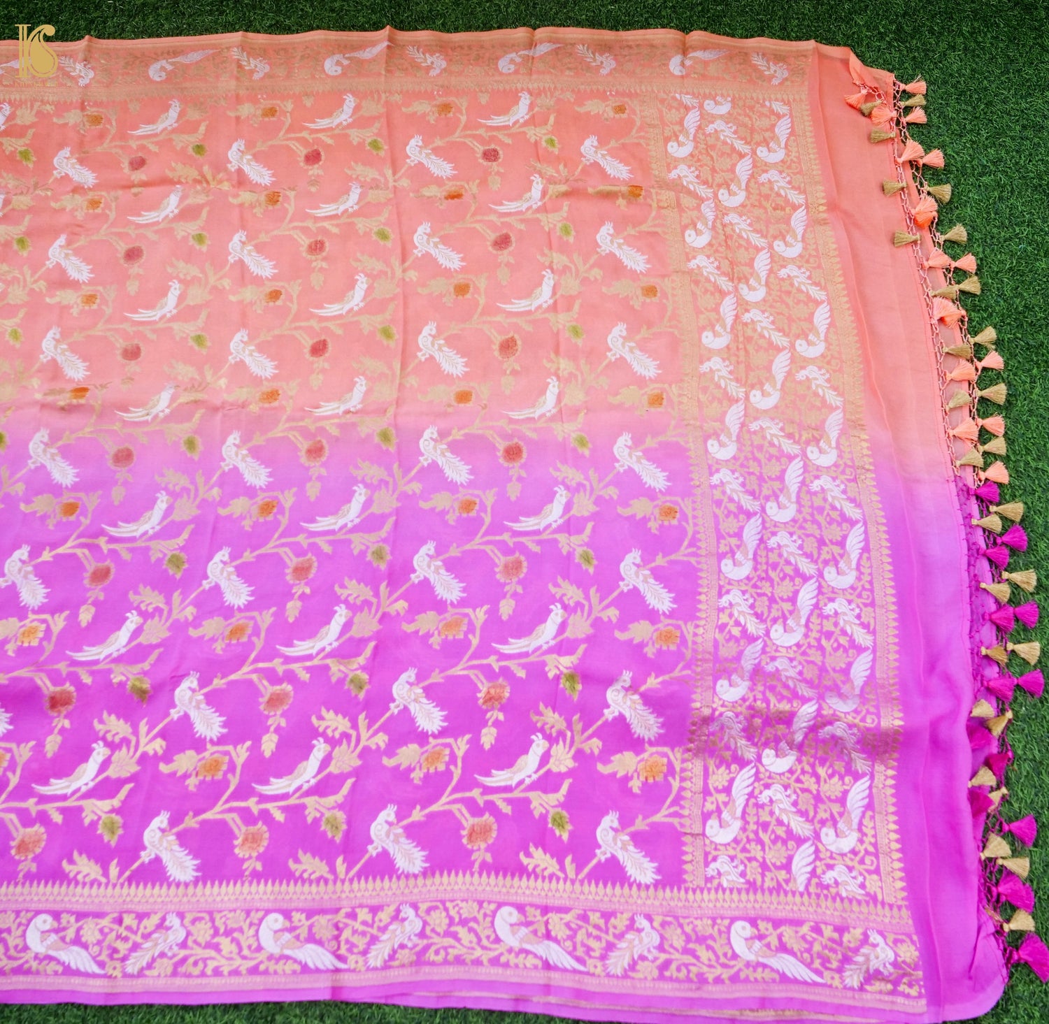 Banarasi Georgette Meenakari Dupatta in Pink and Orange - Birds of Paradise