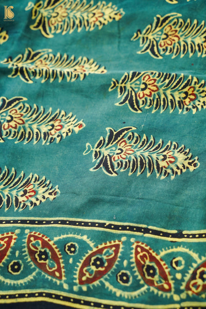 Hand Block Ajrakh Modal Silk Stole in Teal Green