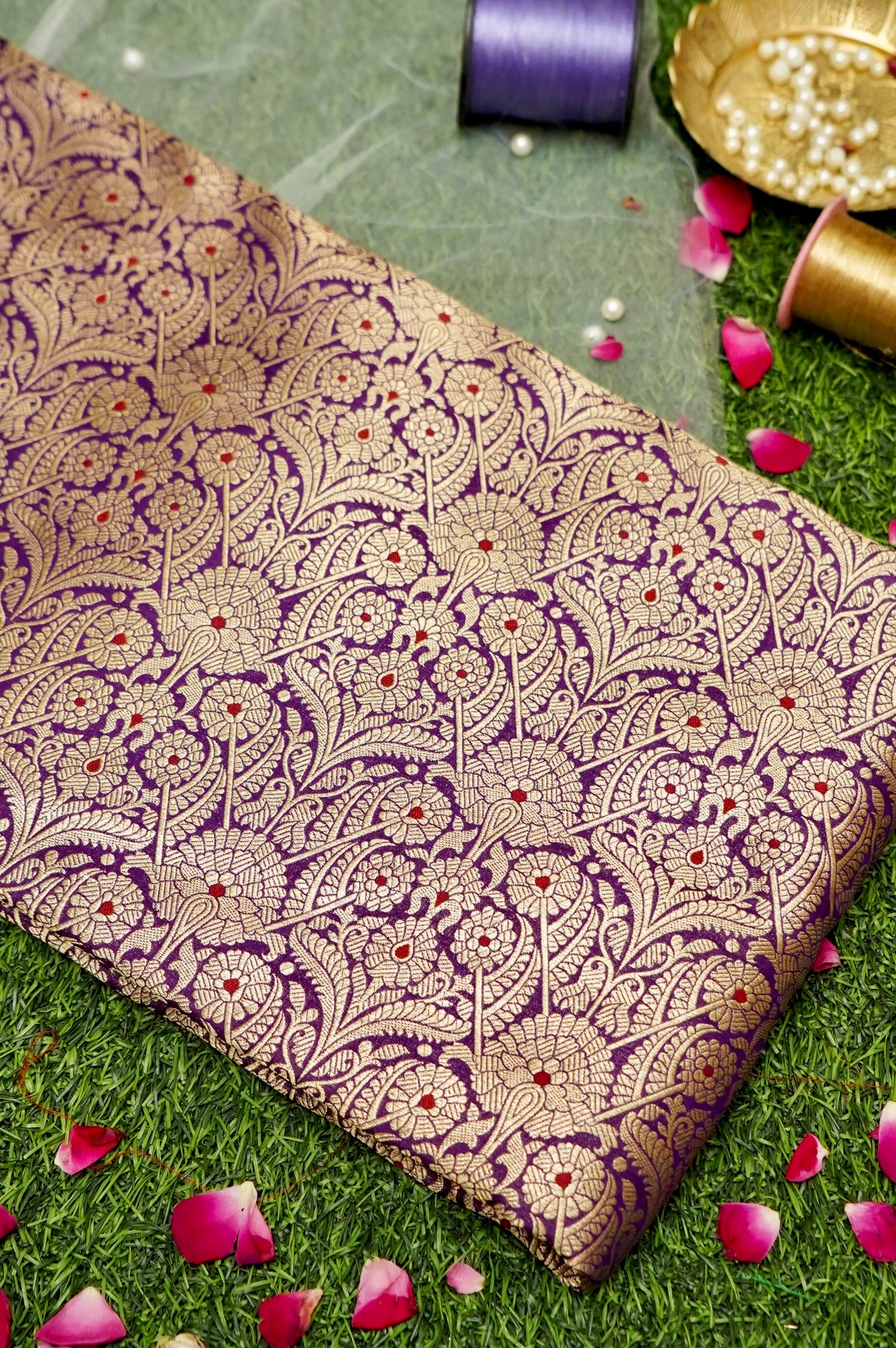 Pure Brocade Banarasi Arch Jaal Fabric in Purple - Khinkhwab