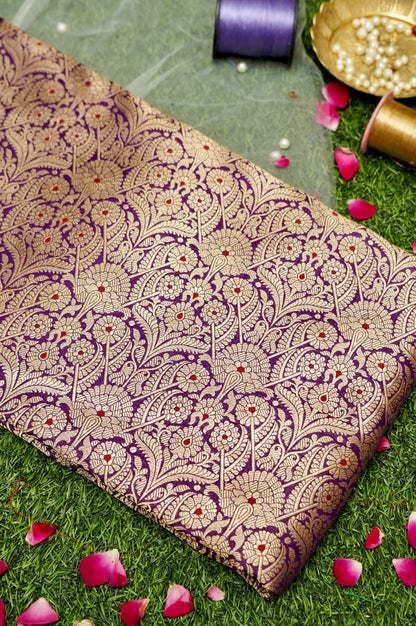 Pure Brocade Banarasi Arch Jaal Fabric in Purple - Khinkhwab