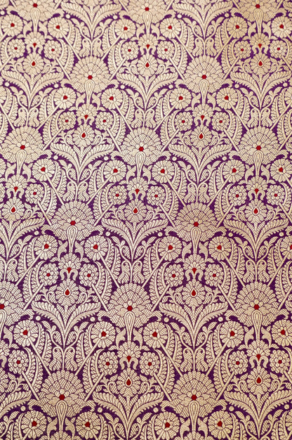 Pure Brocade Banarasi Arch Jaal Fabric in Purple - Khinkhwab