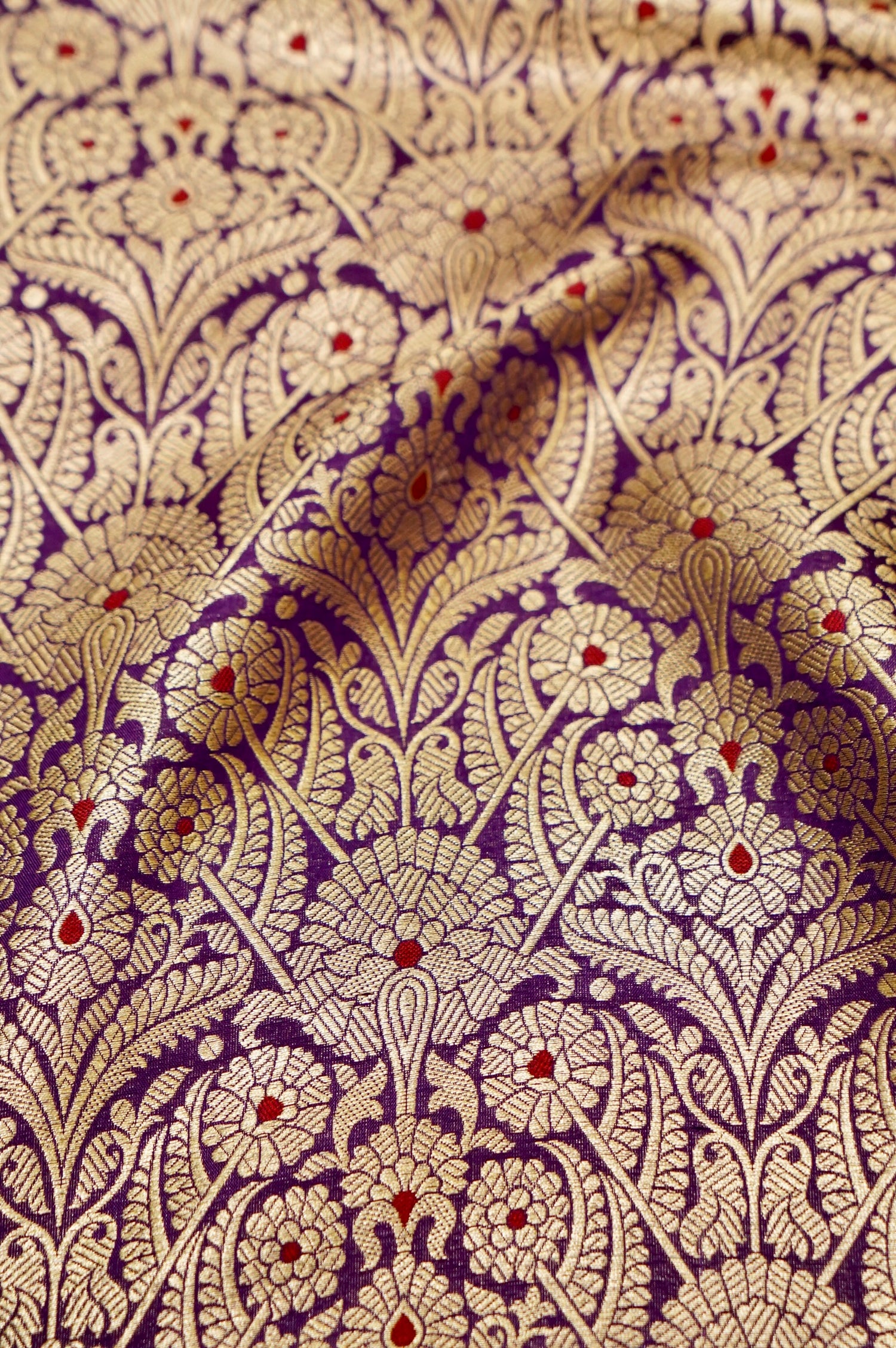 Pure Brocade Banarasi Arch Jaal Fabric in Purple - Khinkhwab